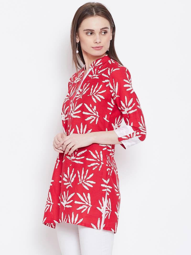 Women Red Color Floral Printed Cotton Tunic