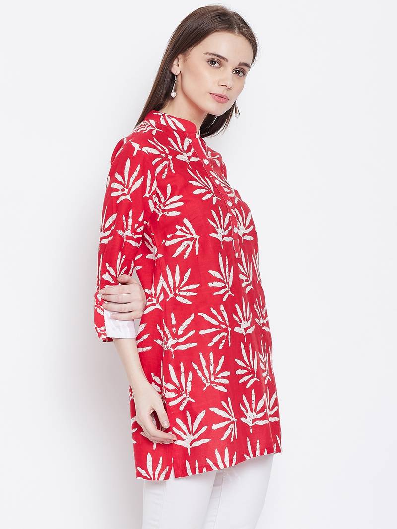 Women Red Color Floral Printed Cotton Tunic