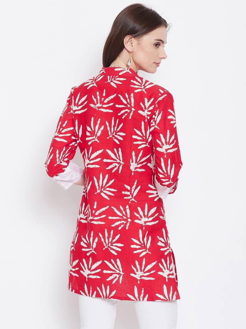 Women Red Color Floral Printed Cotton Tunic