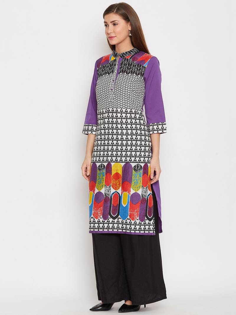 Women Purple and Multicolor Printed Cotton Kurta
