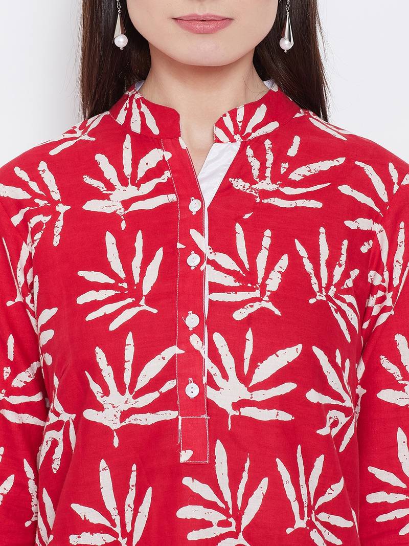 Women Red Color Floral Printed Cotton Tunic