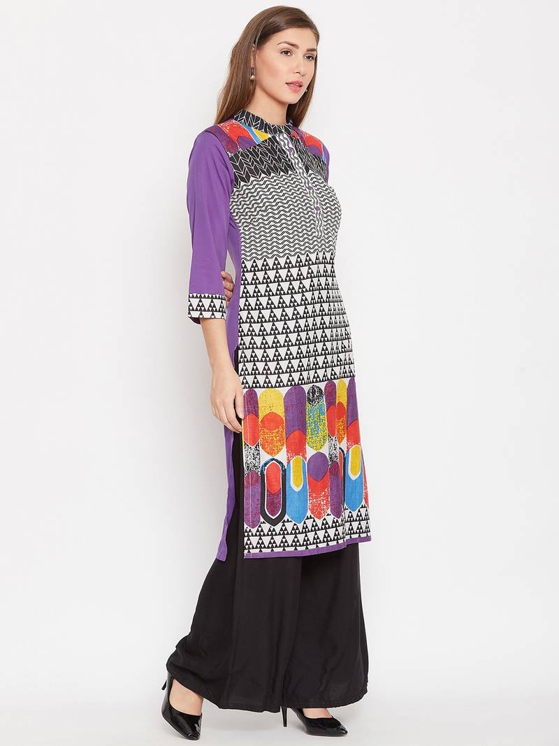 Women Purple and Multicolor Printed Cotton Kurta