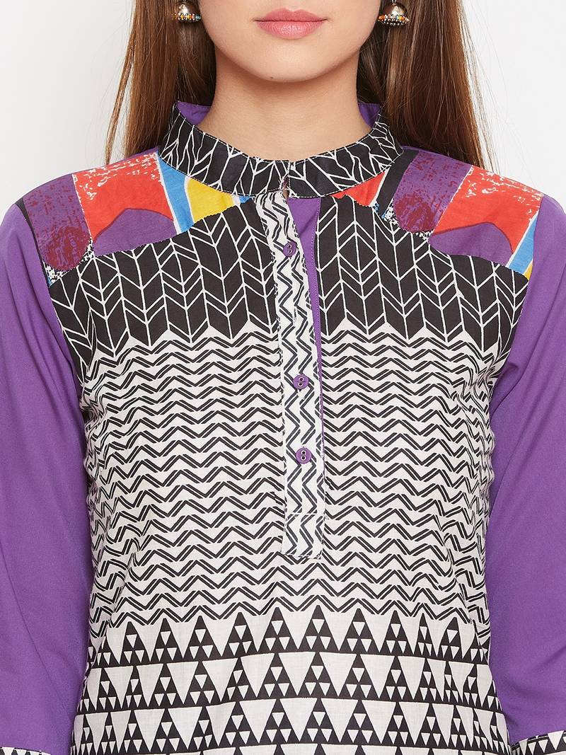 Women Purple and Multicolor Printed Cotton Kurta