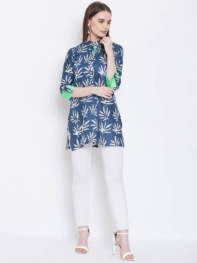 Women Navy Blue Color Floral Printed Cotton Kurti