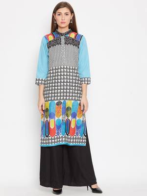 Women Turquoise Blue Color Printed Cotton Kurti 1