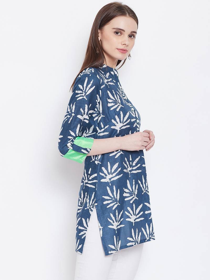 Women Navy Blue Color Floral Printed Cotton Kurti