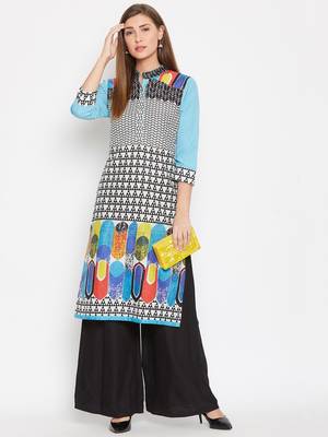 Women Turquoise Blue Color Printed Cotton Kurti 2