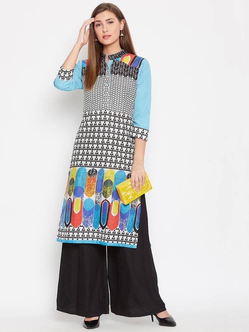 Women Turquoise Blue Color Printed Cotton Kurti