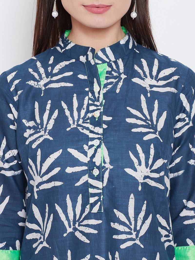 Women Navy Blue Color Floral Printed Cotton Kurti