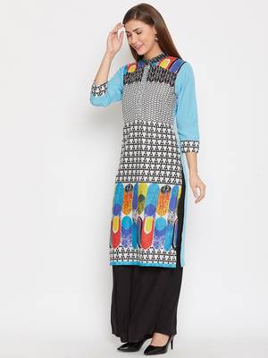 Women Turquoise Blue Color Printed Cotton Kurti 3