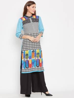 Women Turquoise Blue Color Printed Cotton Kurti 4