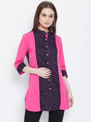 Women Navy Blue and Pink Printed crepe Tunic 1