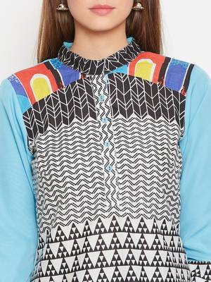 Women Turquoise Blue Color Printed Cotton Kurti 6