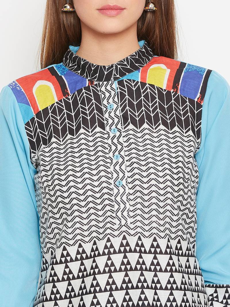 Women Turquoise Blue Color Printed Cotton Kurti