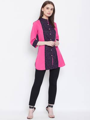 Women Navy Blue and Pink Printed crepe Tunic 2