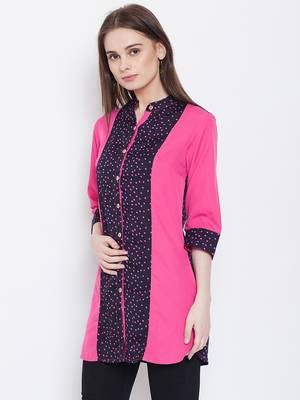 Women Navy Blue and Pink Printed crepe Tunic 3