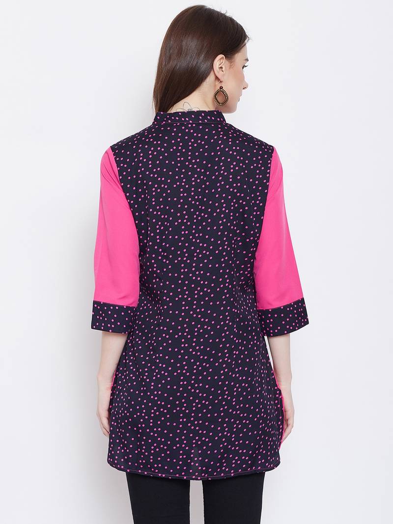 Women Navy Blue and Pink Printed crepe Tunic
