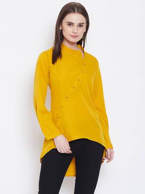 Women Mustard Color Plain crepe High Low Tunic 1