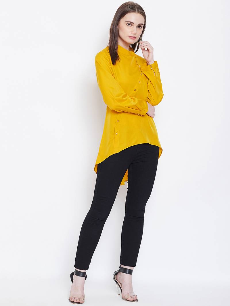 Women Mustard Color Plain crepe High Low Tunic