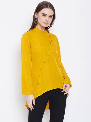 Women Mustard Color Plain crepe High Low Tunic 4