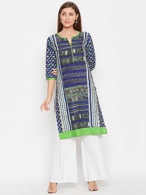 Women Navy Blue Color Printed Cotton Kurti 1
