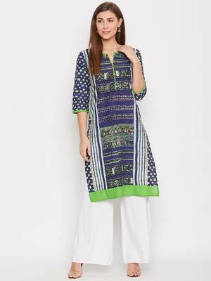 Women Navy Blue Color Printed Cotton Kurti 2