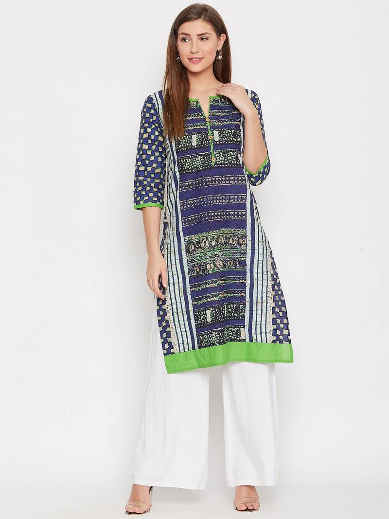Women Navy Blue Color Printed Cotton Kurti