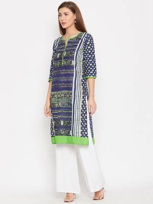 Women Navy Blue Color Printed Cotton Kurti 3