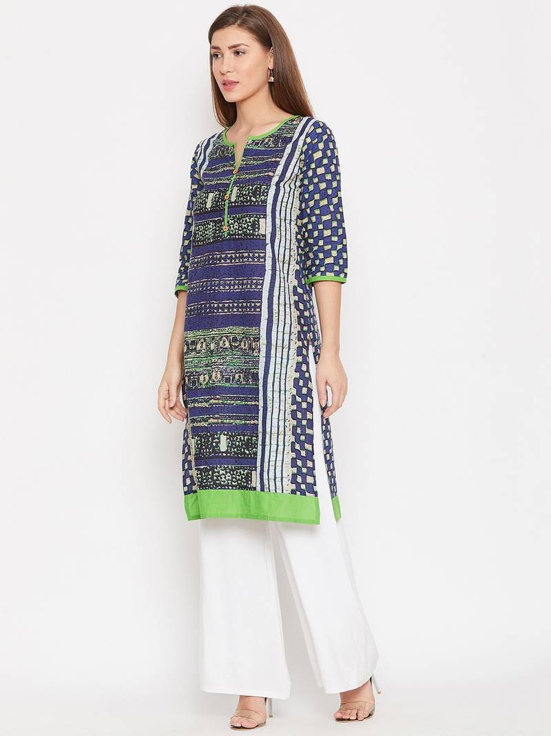 Women Navy Blue Color Printed Cotton Kurti