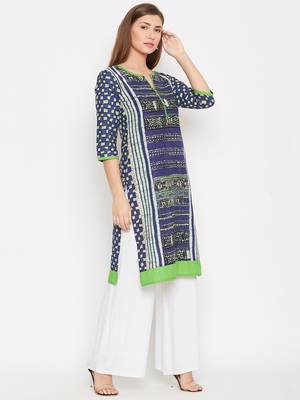 Women Navy Blue Color Printed Cotton Kurti 4