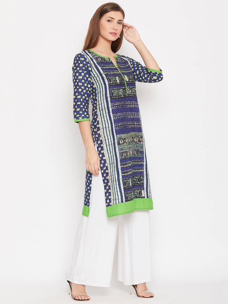 Women Navy Blue Color Printed Cotton Kurti