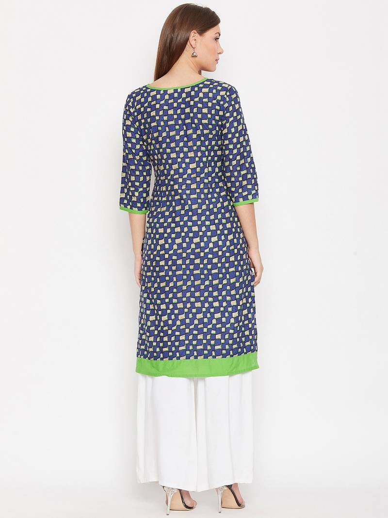 Women Navy Blue Color Printed Cotton Kurti