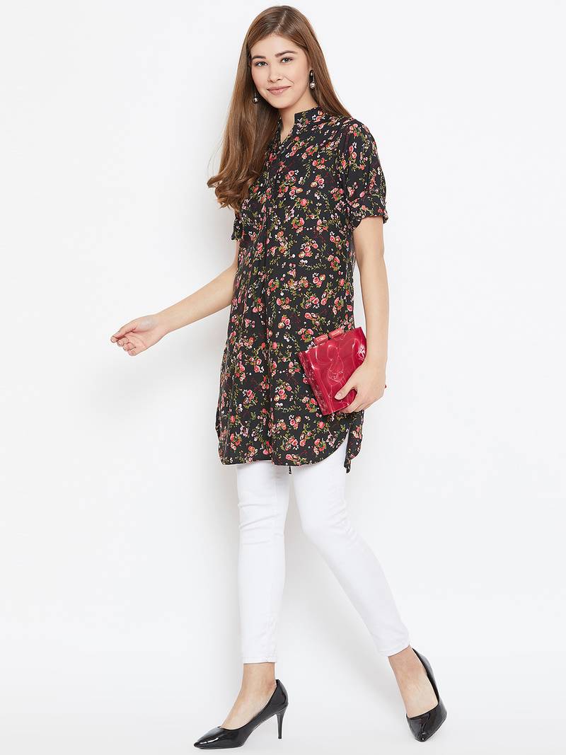 Women Black and Multicolor Floral Printed crepe Tunic