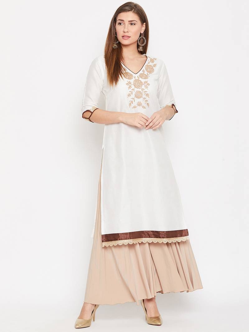 Women White Color Embroidered Cotton Kurti