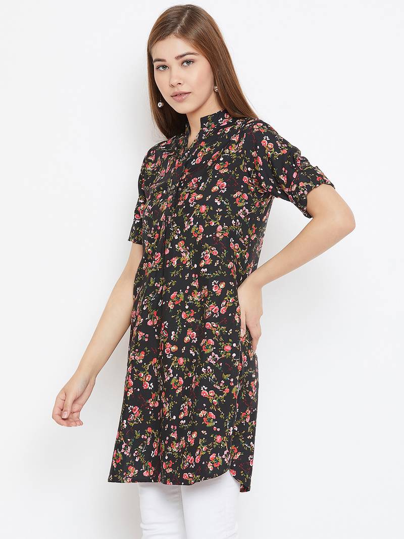 Women Black and Multicolor Floral Printed crepe Tunic