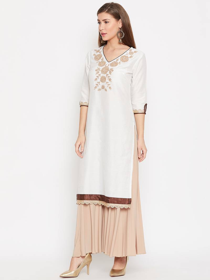Women White Color Embroidered Cotton Kurti