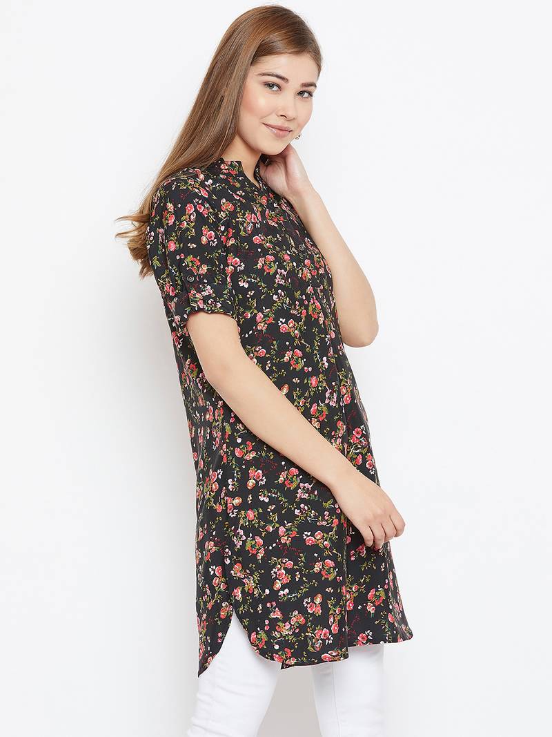 Women Black and Multicolor Floral Printed crepe Tunic