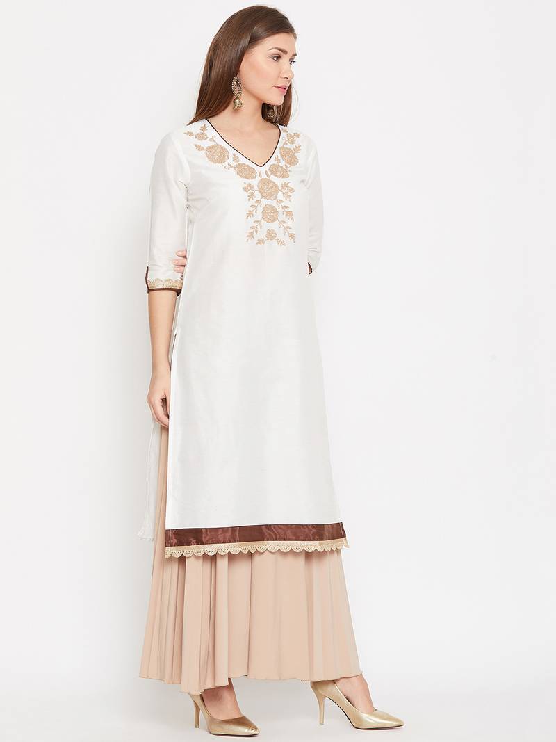 Women White Color Embroidered Cotton Kurti