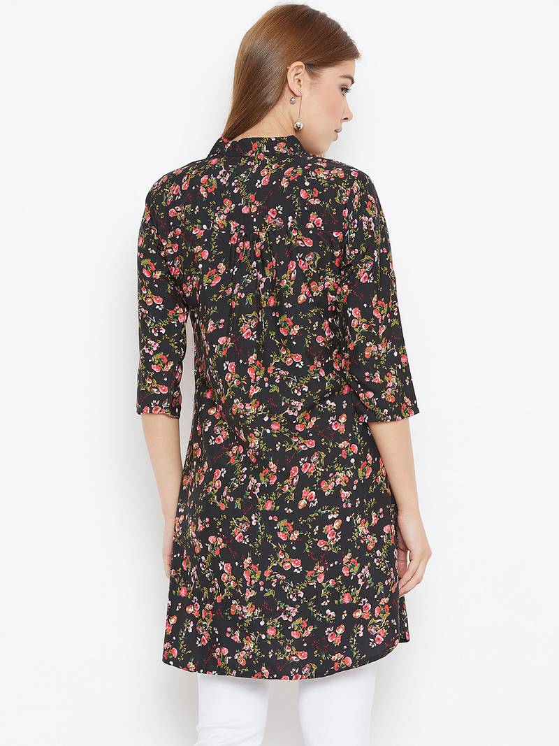 Women Black and Multicolor Floral Printed crepe Tunic