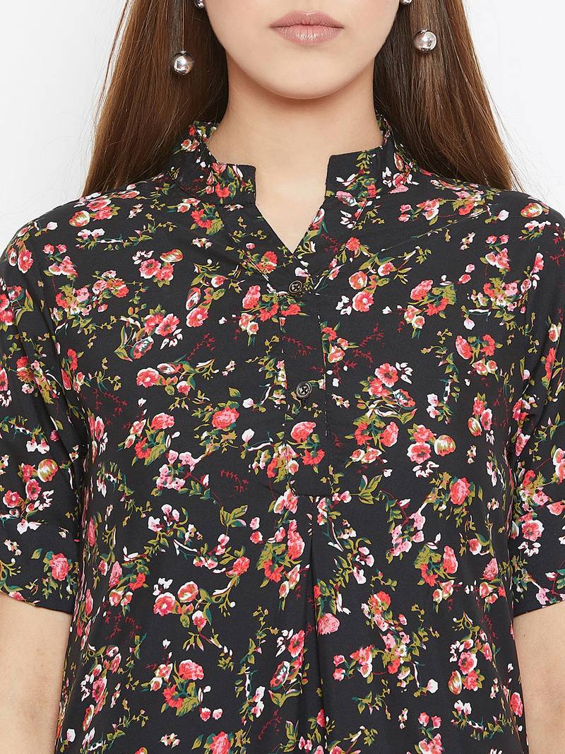 Women Black and Multicolor Floral Printed crepe Tunic