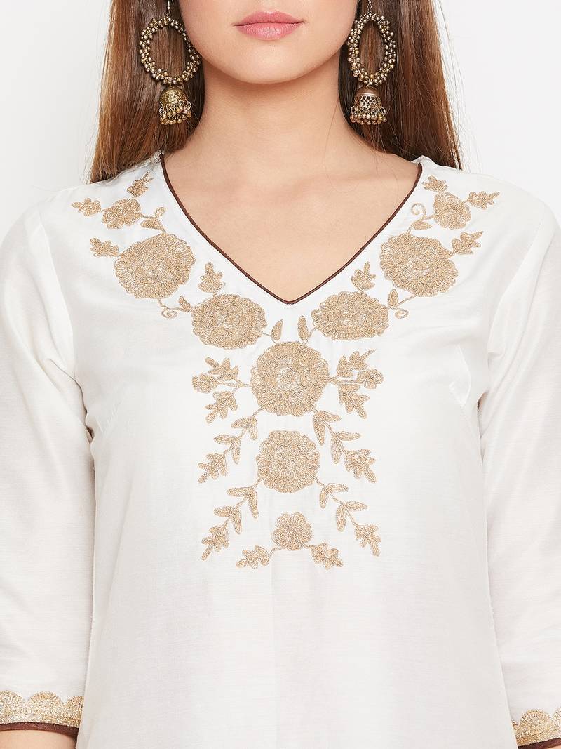 Women White Color Embroidered Cotton Kurti