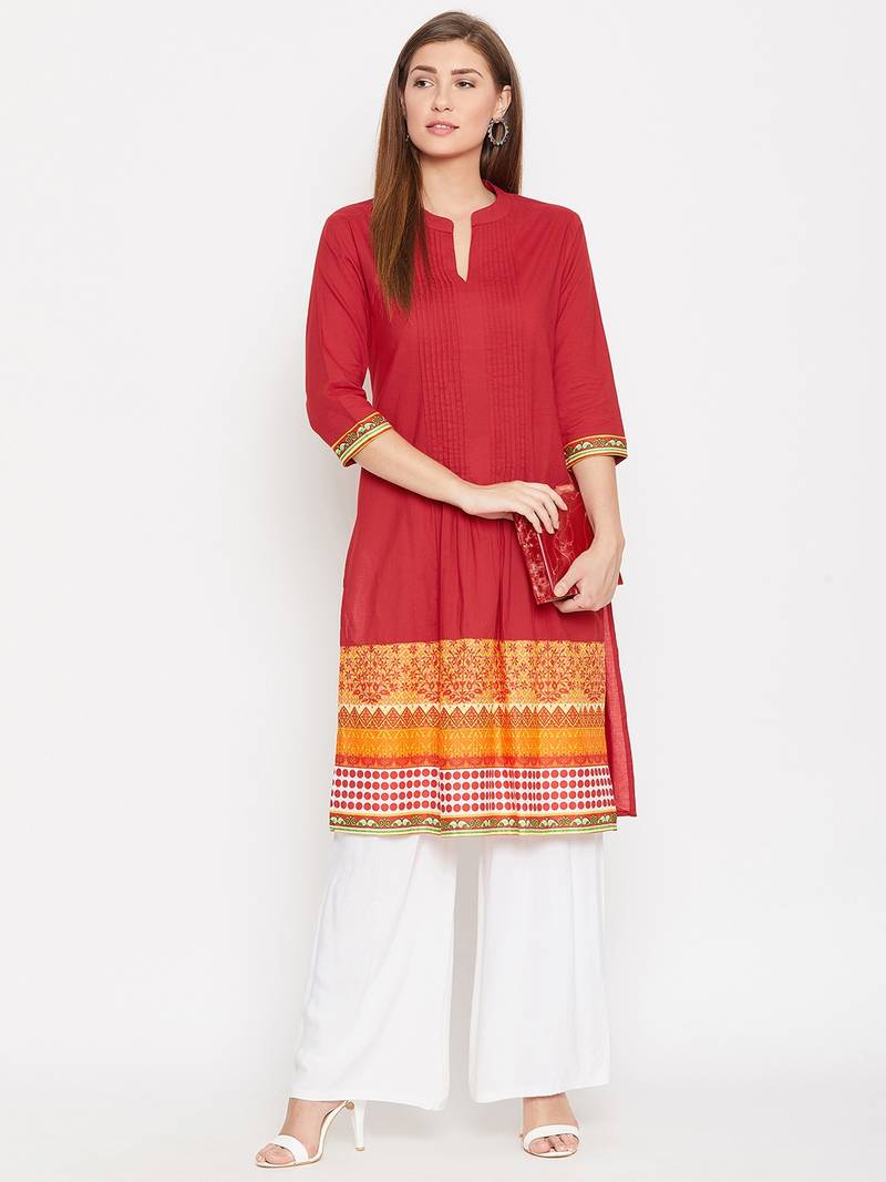 Women Red and Multicolor Printed Cotton Kurti
