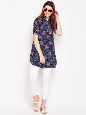Women Navy Blue and Multicolor Floral Printed crepe Tunic 2