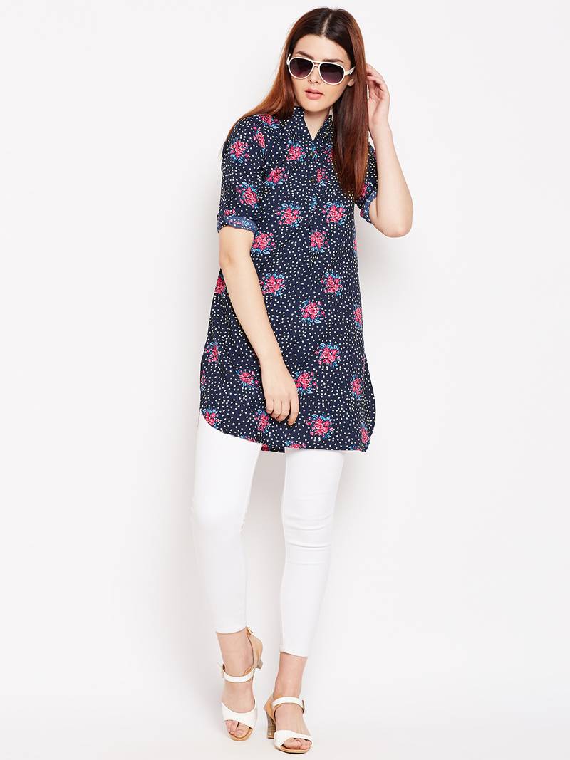 Women Navy Blue and Multicolor Floral Printed crepe Tunic