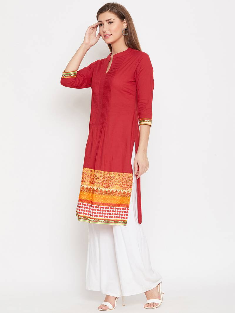 Women Red and Multicolor Printed Cotton Kurti