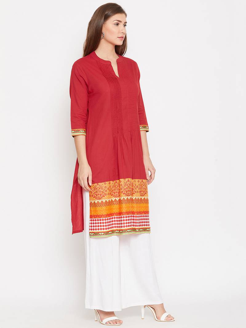 Women Red and Multicolor Printed Cotton Kurti