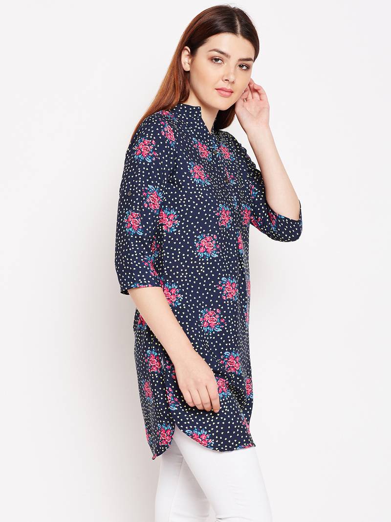 Women Navy Blue and Multicolor Floral Printed crepe Tunic
