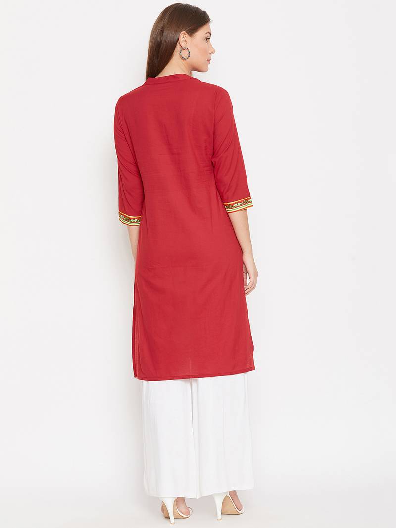 Women Red and Multicolor Printed Cotton Kurti