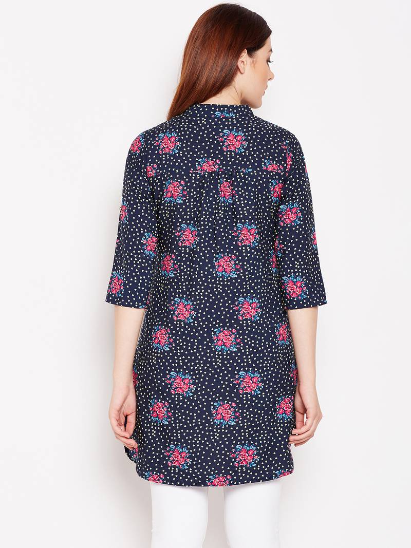 Women Navy Blue and Multicolor Floral Printed crepe Tunic