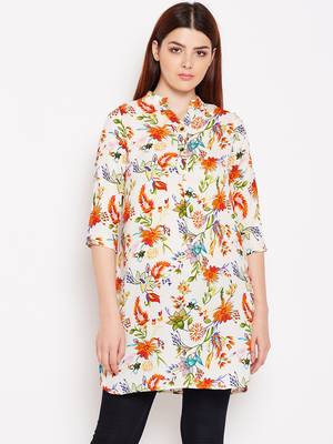 Women Cream and Multicolor Floral Printed crepe Tunic 1